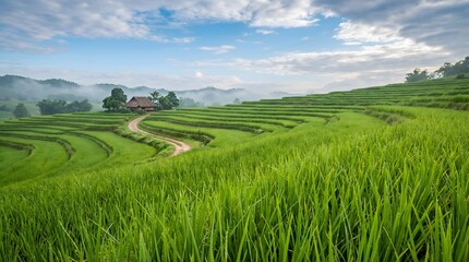 Obraz premium Lush Green Rice Terraces with Morning Mist and Rural House Landscape