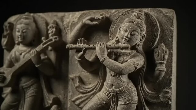Krishna sandstone carving relief plays flute, deity music, ancient art, detailed, textured, Asian god, religious carving, cultural, sculpture, hinduism