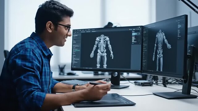 Young Indian animator working on 3D character rig using digital tablet in modern studio, creating models for video games and virtual reality art
