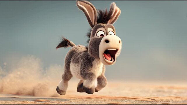 Dynamic cartoon donkey running across a dusty landscape with an expressive, animated look