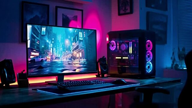 Modern gaming computer setup with vibrant RGB lighting, a large monitor displaying a futuristic city, keyboard, mouse, and speakers on a desk.