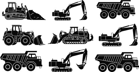Heavy Construction Machinery Silhouette Set with Excavator Bulldozer Loader and Dump Truck Vector Illustration Isolated on White Background for Industrial Design © MdAnowarHossain