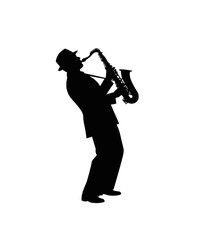 Naklejka premium Jazz saxophonist silhouette playing music in black and white dramatic lighting