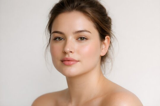 Natural light beauty portrait showing subtle facial puffiness, ideal for lymphatic massage device, V line skincare, face contouring and aesthetic marketing use.