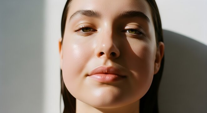 Natural light beauty portrait showing subtle facial puffiness, ideal for lymphatic massage device, V line skincare, face contouring and aesthetic marketing use.
