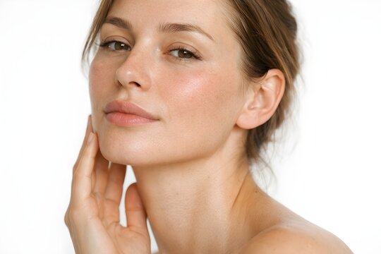 High quality beauty portrait highlighting refined jawline and smooth skin texture, ideal for facial contouring device, skincare brand and aesthetic advertising.