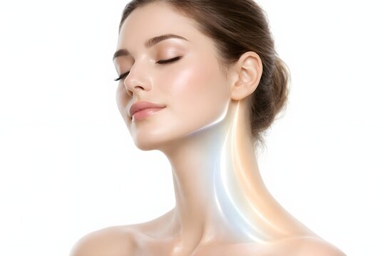 Side profile beauty portrait highlighting lymphatic flow and V line jaw contour, ideal for facial slimming, lymphatic massage device and aesthetic marketing use.
