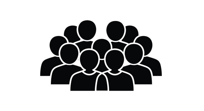 Simple black and white graphic icon representing a large group of diverse people clustered together symbolizing a community or large audience for web and app interfaces