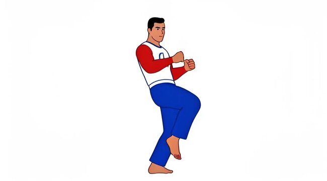 Cartoon man in a martial arts stance, balancing on one leg with fists clenched, on a white background.