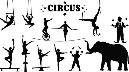 Circus silhouette illustration with performers, trapeze artists, jugglers, acrobats, unicyclists, clown, elephant, stars, bold circus text, entertainment concept © Mst