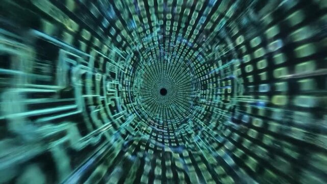 A digital tunnel of glowing green binary code represents data flow