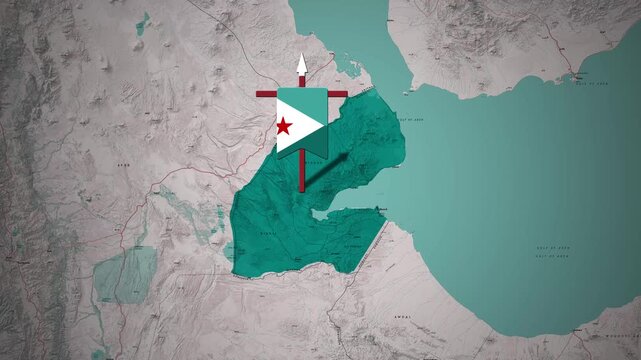 Flag of Djibouti displayed prominently on a detailed political map animation of the nation