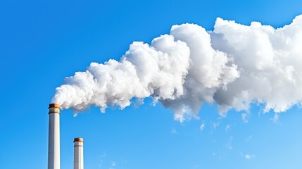 A close-up of a coal power plant with steam and smoke rising, framed by a clear blue sky