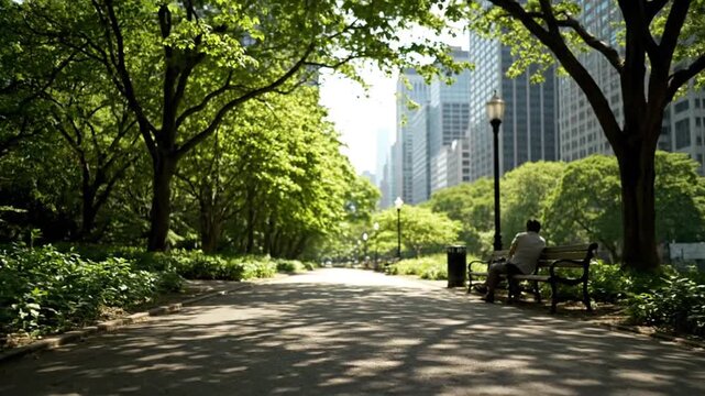 Serene city park scene with a man sitting on a bench surrounded by lush greenery and tall buildings in the background