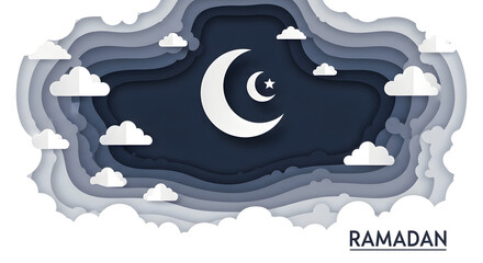 Paper cut layered Ramadan frame with crescent moon and clouds, Eid Mubarak greeting card template