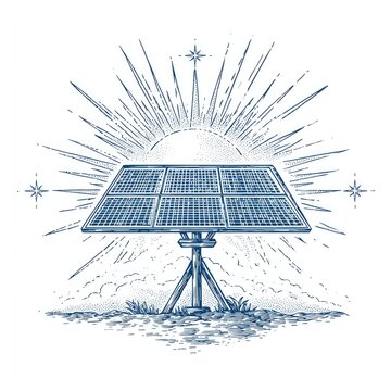 Vintage solar panel on tripod, radiating sunbeams