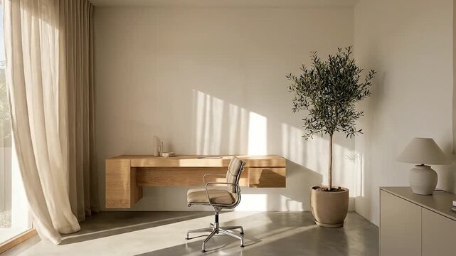 Modern Home Office Interior with Natural Light with Wooden Desk, and and Olive Tree.