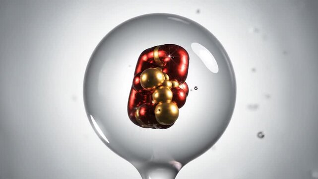 Stylized red and gold typography encapsulated in a glass sphere