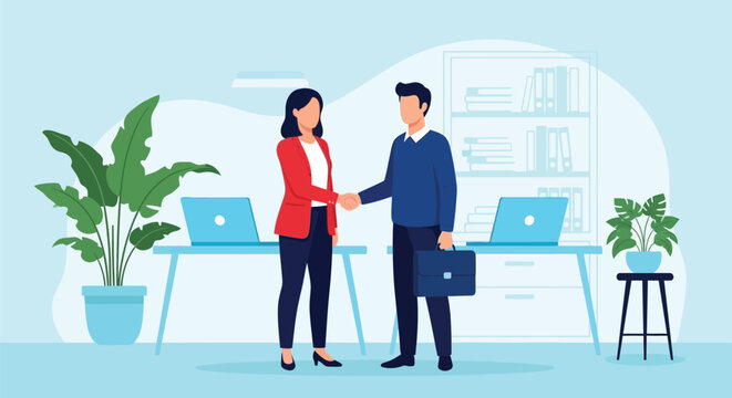 Business professionals shaking hands in a modern office setting establishing a deal or partnership signifying mutual agreement and successful collaboration after negotiations.