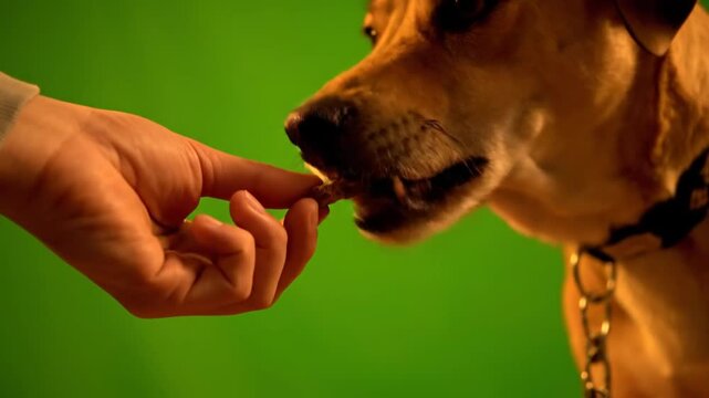 A dog is being fed a treat by a human hand in a close-up shot against a green background