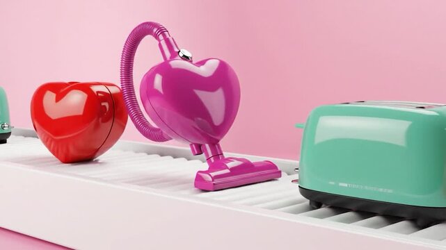 Colorful retro home appliances moving on a conveyor belt line.