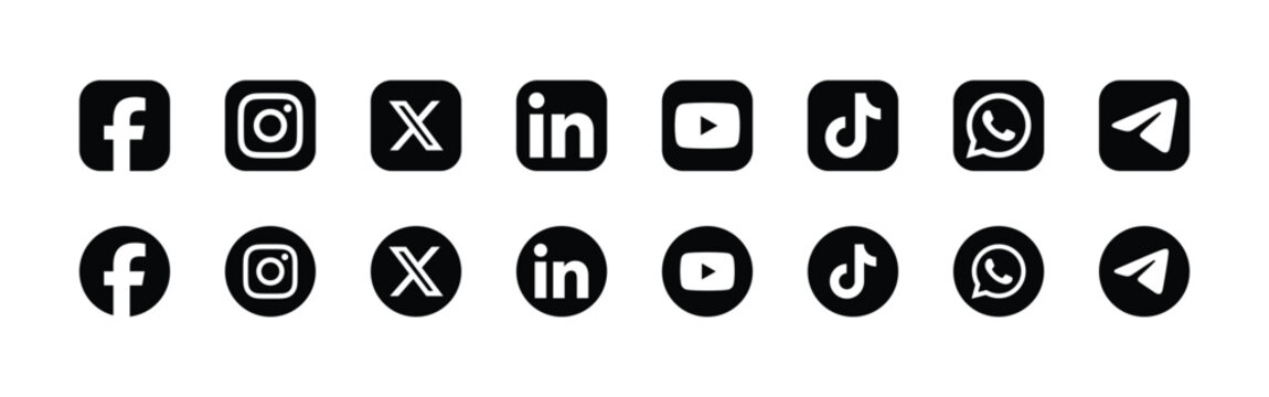 social media black icon set facebook instagram x linkedin youtube tiktok whatsapp telegram