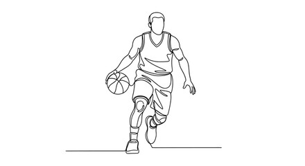 Obraz premium Modern continuous one line drawing of a basketball player dribbling in a standing position.