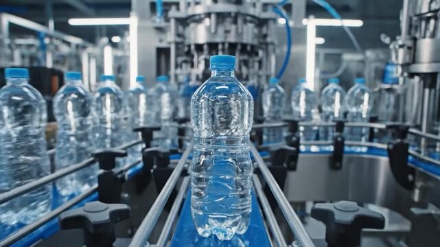 Plastic water bottles moving along a conveyor belt in a modern factory