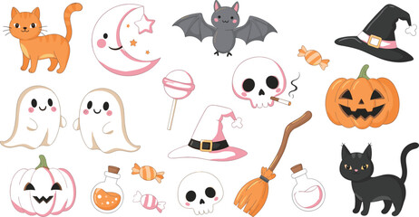 Fototapeta premium Halloween cartoon icons, cat, moon, bat, skulls, witch hats, pumpkins, ghosts, candies, potions, broomstick, festive spooky vector illustration design