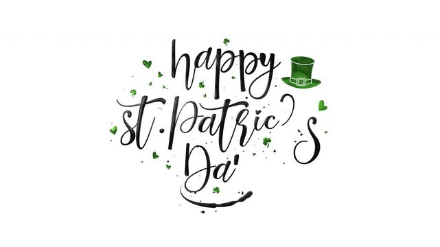 Displays happy st patricks day with a small green top hat. Festive and joyful st. Patricks day designs and celebrations.