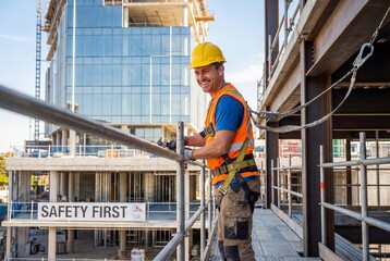 Construction worker in hard hat and harness on scaffolding at building site
