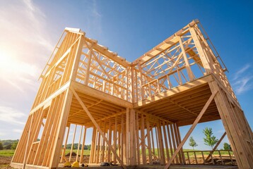 Wooden frame of a new two story house under construction under a bright sunny sky