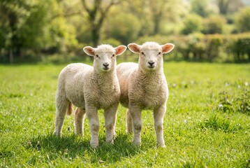 Obraz premium Two cute lambs standing in a green pasture field in spring