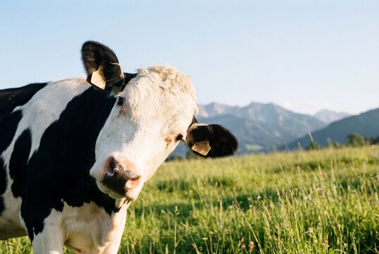 Black and white holstein cow tilting its head and looking at the camera in a field
