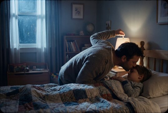 Father tucking son into bed and kissing him goodnight