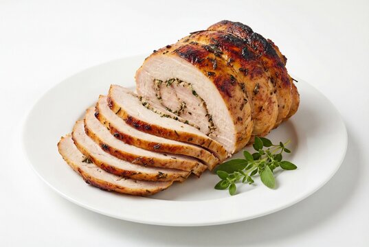 Roasted turkey roll sliced and fanned out on a white plate with fresh sage garnish