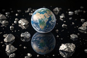 Fototapeta premium Detailed Earth Floating Among Asteroids in Reflective Cosmic Space