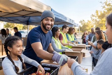 Volunteers distributing fresh produce at an outdoor community food bank