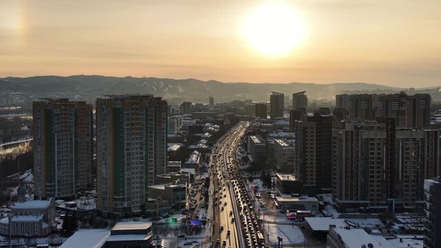 Beautiful winter in Krasnoyarsk. Drone shot