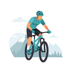 Obraz premium Mountain Biker Riding Bicycle Downhill with Mountains and Forest Background