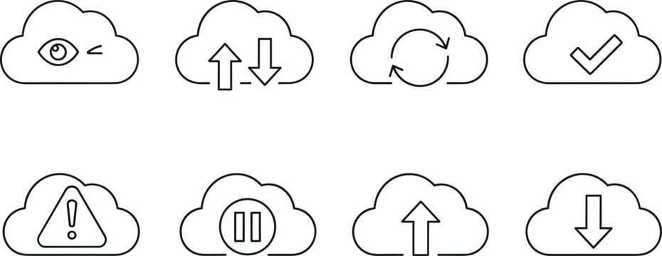 Cloud computing icon set, vector outline illustrations, upload, download, sync, data storage, network services, information technology, web backup symbols, connectivity.