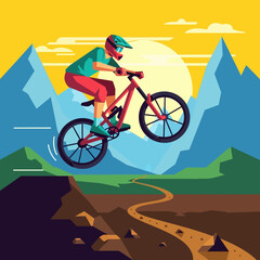 Fototapeta premium Mountain Biker Jumps Cliff Edge at Sunset, Extreme Sports Adventure