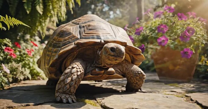 A tortoise exploring a vibrant garden path surrounded by colorful flowers and greenery
