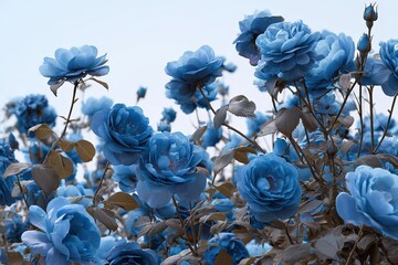 A cluster of delicate blue roses, lush and full