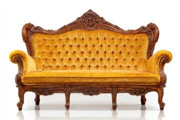 Ornate vintage gold velvet tufted sofa with dark carved wood frame