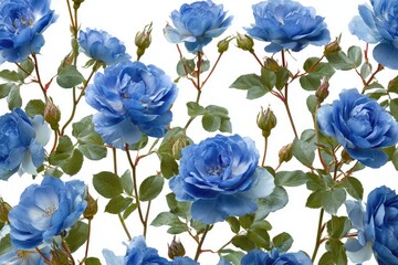 A vibrant pattern of blue roses, buds, and green leaves on white
