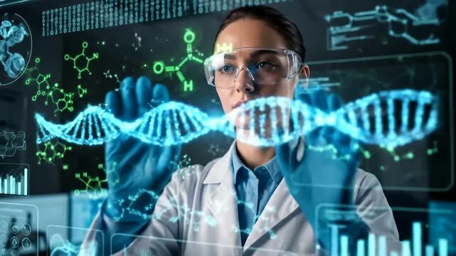 Scientist analyzing DNA structure in a modern laboratory setting.