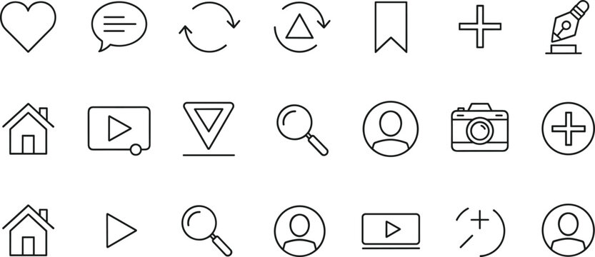 Minimalist social media interface icons set, thin line vector symbols for web navigation, mobile app UI, and digital marketing design.