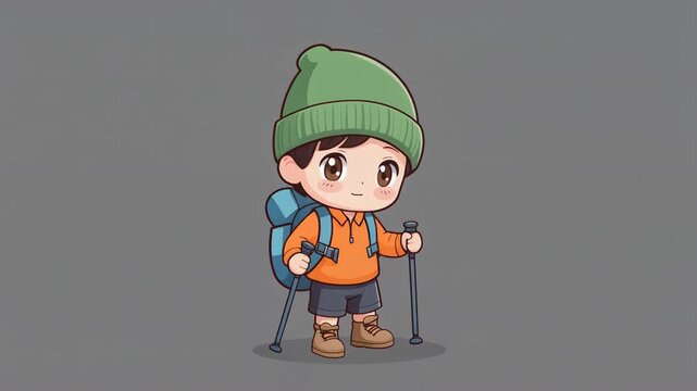 Firefly Cute little boy hiking character, wearing green beanie and backpack, holding trekking pole, .mp4_preview