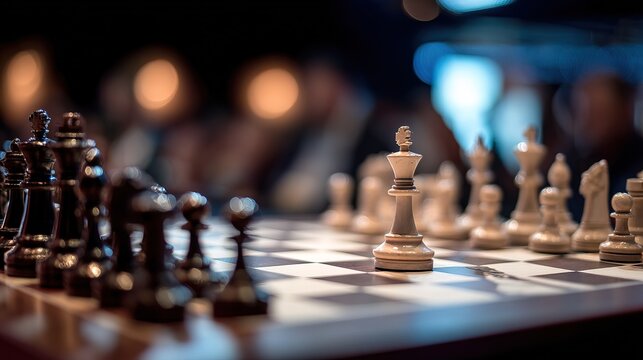 Intense Chess Match between Top Players Grand Tournament Hall Event Photography Competitive Environment Close-Up View Strategy and Skill Showcase